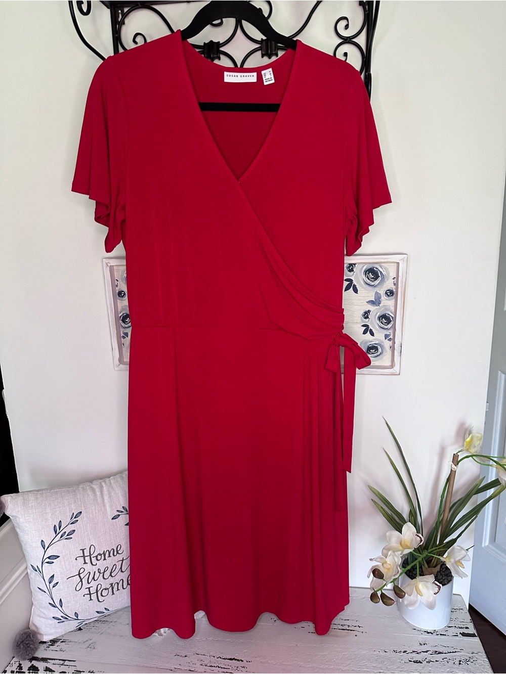 NWOT Susan Graver Bright Red Faux-Wrap Midi Dress